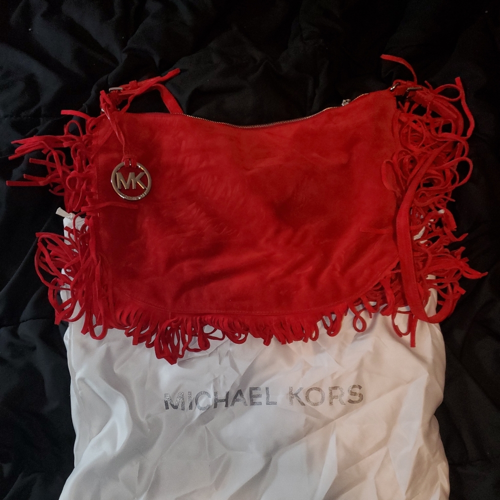 Michael Kors red suede fringe purse